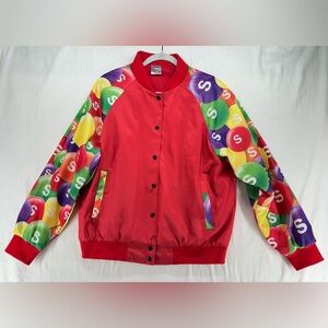 Skittles Bomber Jacket Novelty Snap Close Printed Sleeves Fleece Lined Mens M